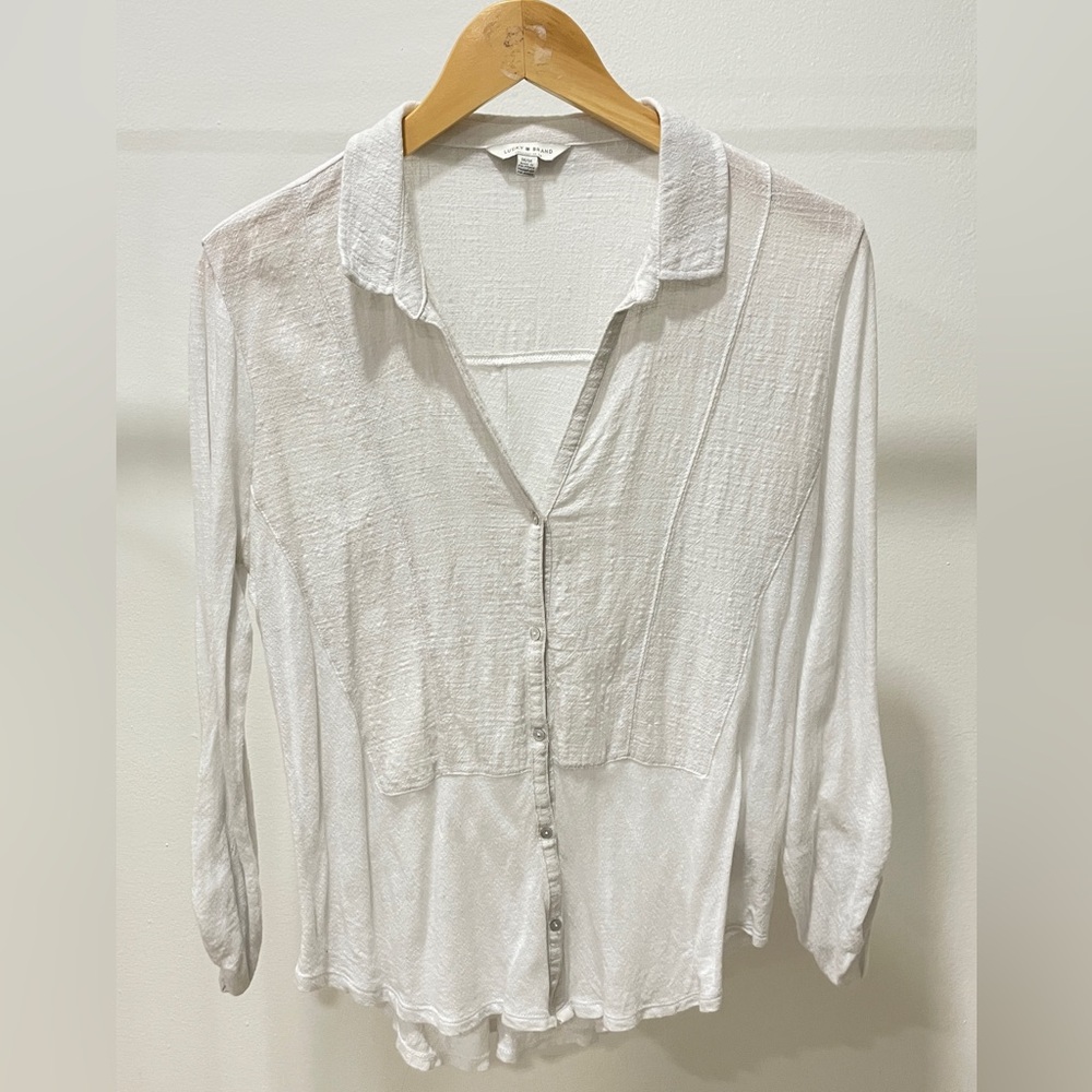 Lucky Brand Womens Button Blouse V‎ Neck White Roll Sleeve Medium Y2K 90s Shirt